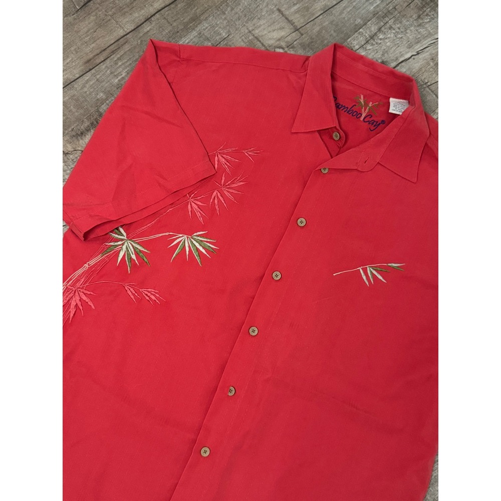 Bamboo Cay Mens XL Red Embroidered Bamboo Tropical Modal Blend Button Down Shirt